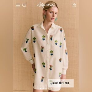 Sezane White shirt dress with Colorful Floral Embroidery